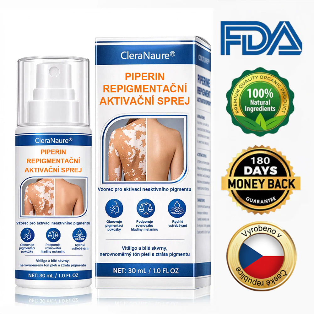 CleraNaure® Piperine Repigment Aktivátor Spray, který aktivuje spící pigmentové buňky a obnovuje přirozenou barvu pleti.