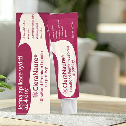CleraNaure® UltraBond Premium lepidlo na zubní protézy 🔥 Klinicky ověřená 4denní přilnavost pro bezpečné, pohodlné a bezzinkové uchycení zubní protézy 🦷