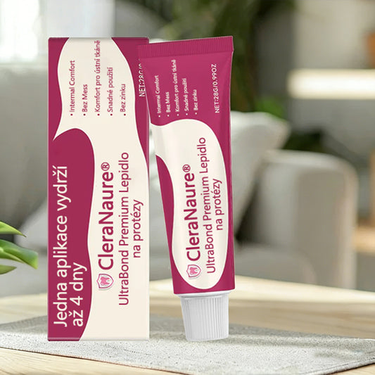 CleraNaure® UltraBond Premium lepidlo na zubní protézy 🔥 Klinicky ověřená 4denní přilnavost pro bezpečné, pohodlné a bezzinkové uchycení zubní protézy 🦷