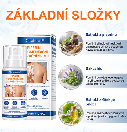 CleraNaure® Piperine Repigment Aktivátor Spray, který aktivuje spící pigmentové buňky a obnovuje přirozenou barvu pleti.