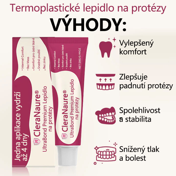 CleraNaure® UltraBond Premium lepidlo na zubní protézy 🔥 Klinicky ověřená 4denní přilnavost pro bezpečné, pohodlné a bezzinkové uchycení zubní protézy 🦷