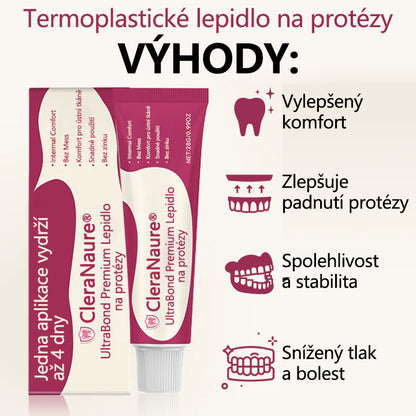 CleraNaure® UltraBond Premium lepidlo na zubní protézy 🔥 Klinicky ověřená 4denní přilnavost pro bezpečné, pohodlné a bezzinkové uchycení zubní protézy 🦷