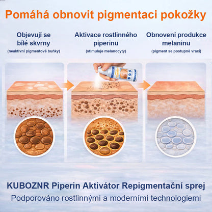 CleraNaure® Piperine Repigment Aktivátor Spray, který aktivuje spící pigmentové buňky a obnovuje přirozenou barvu pleti.