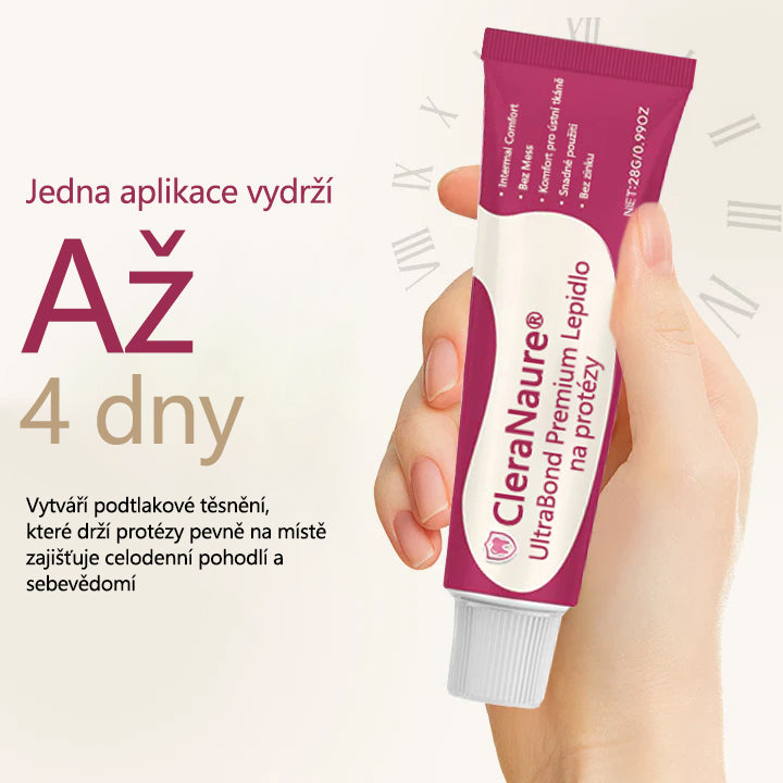 CleraNaure® UltraBond Premium lepidlo na zubní protézy 🔥 Klinicky ověřená 4denní přilnavost pro bezpečné, pohodlné a bezzinkové uchycení zubní protézy 🦷