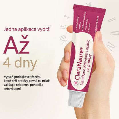 CleraNaure® UltraBond Premium lepidlo na zubní protézy 🔥 Klinicky ověřená 4denní přilnavost pro bezpečné, pohodlné a bezzinkové uchycení zubní protézy 🦷
