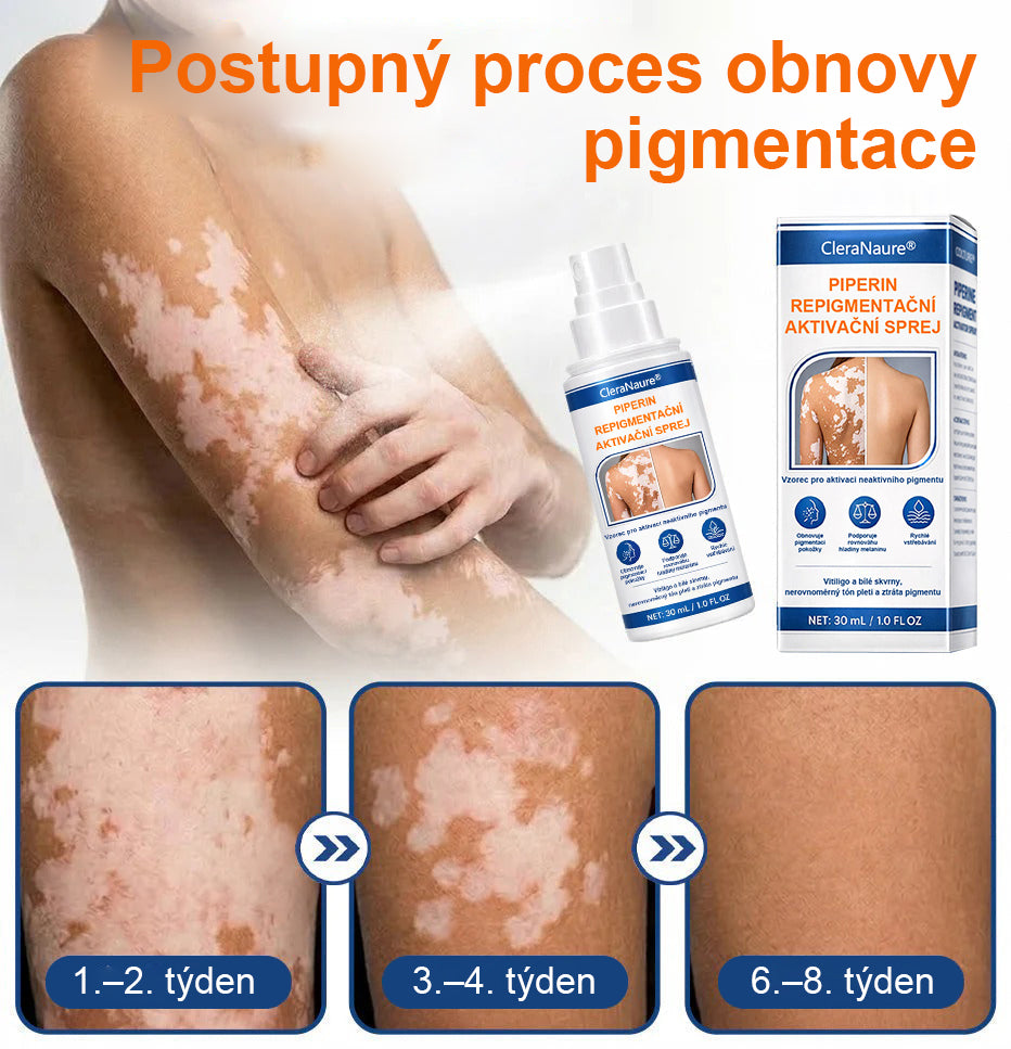 CleraNaure® Piperine Repigment Aktivátor Spray, který aktivuje spící pigmentové buňky a obnovuje přirozenou barvu pleti.