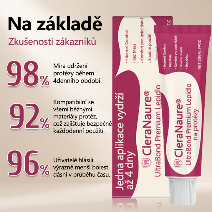 CleraNaure® UltraBond Premium lepidlo na zubní protézy 🔥 Klinicky ověřená 4denní přilnavost pro bezpečné, pohodlné a bezzinkové uchycení zubní protézy 🦷