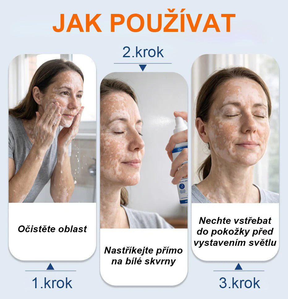 CleraNaure® Piperine Repigment Aktivátor Spray, který aktivuje spící pigmentové buňky a obnovuje přirozenou barvu pleti.