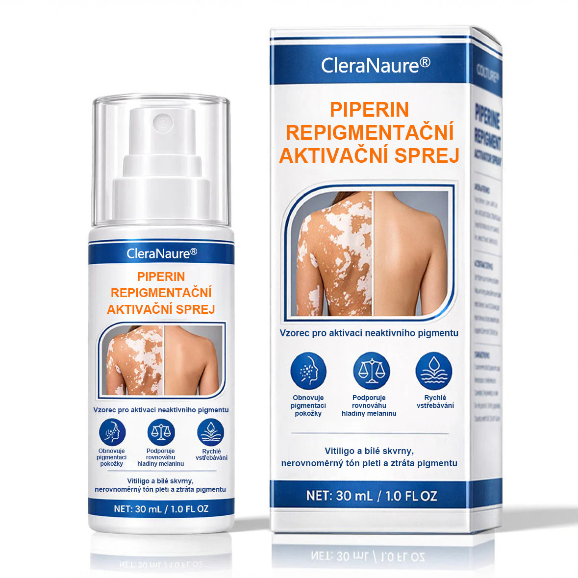 CleraNaure® Piperine Repigment Aktivátor Spray, který aktivuje spící pigmentové buňky a obnovuje přirozenou barvu pleti.
