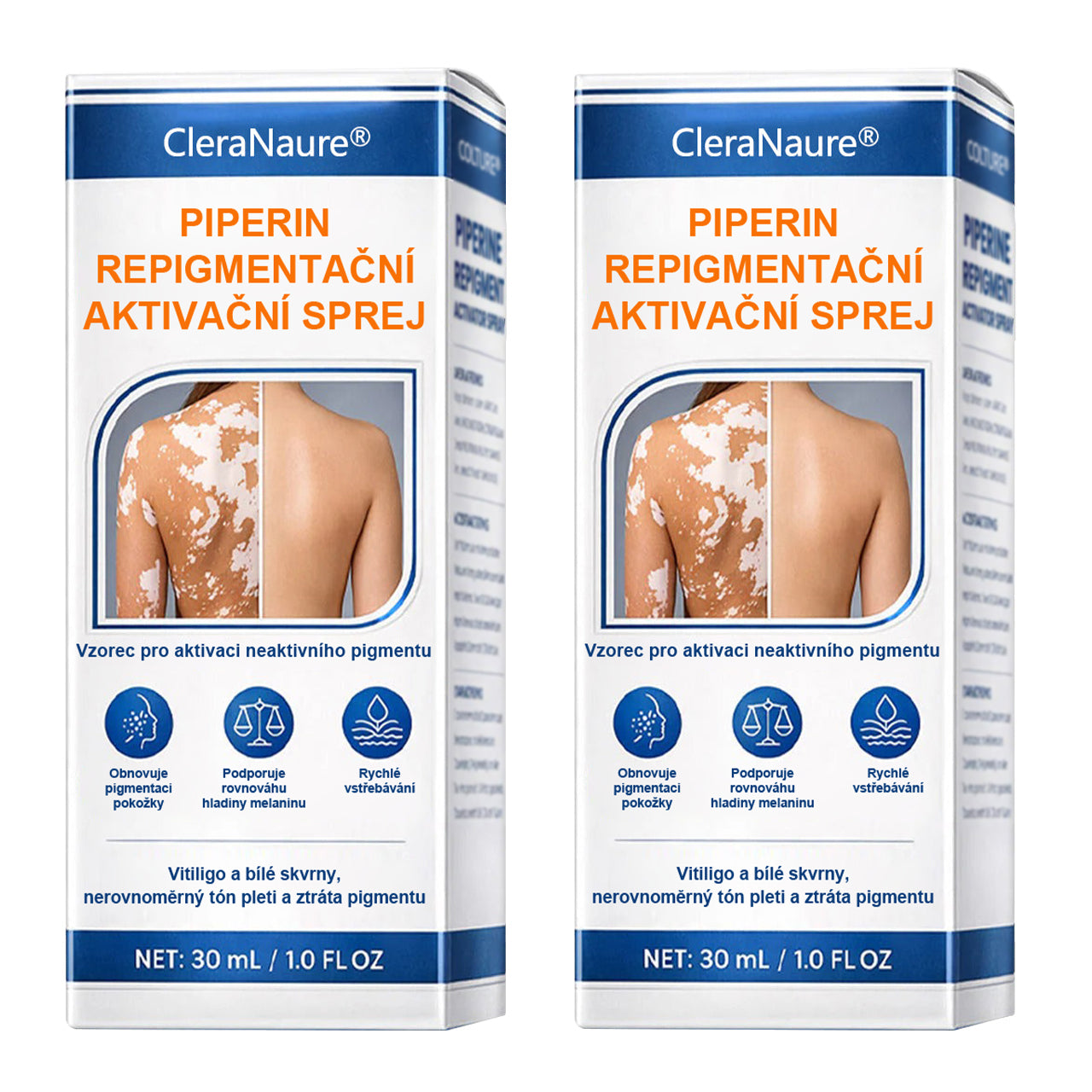 CleraNaure® Piperine Repigment Aktivátor Spray, který aktivuje spící pigmentové buňky a obnovuje přirozenou barvu pleti.