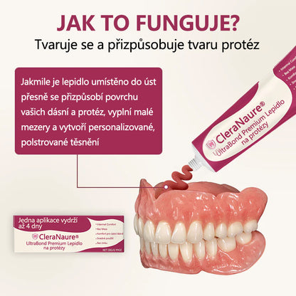 CleraNaure® UltraBond Premium lepidlo na zubní protézy 🔥 Klinicky ověřená 4denní přilnavost pro bezpečné, pohodlné a bezzinkové uchycení zubní protézy 🦷