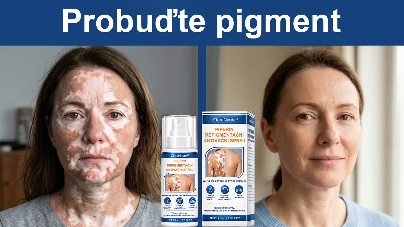 CleraNaure® Piperine Repigment Aktivátor Spray, který aktivuje spící pigmentové buňky a obnovuje přirozenou barvu pleti.